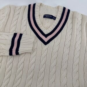 Ralph Lauren Pink Pony Cricket Sweater Mens XL Cream Cashmere Cable Knit V-Neck